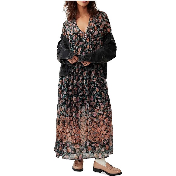 Free People Dresses & Skirts - Free People See it Through Maxi Black Combo Large Long Sleeve Boho Flowy Tiered